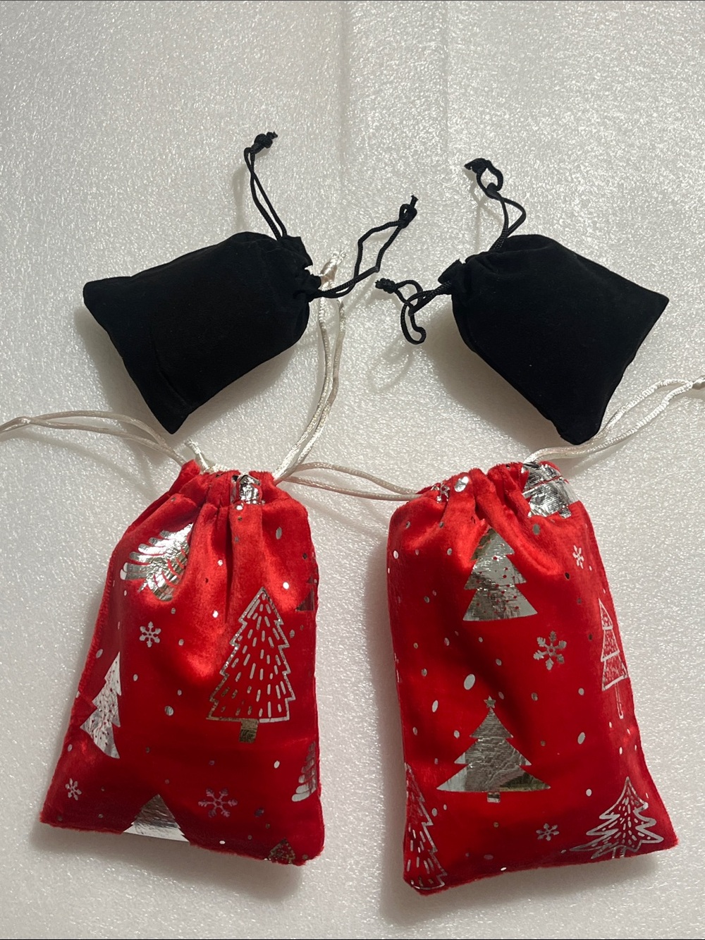 Festive Red  & Black Drawstring Gift Pouches - Set of 4